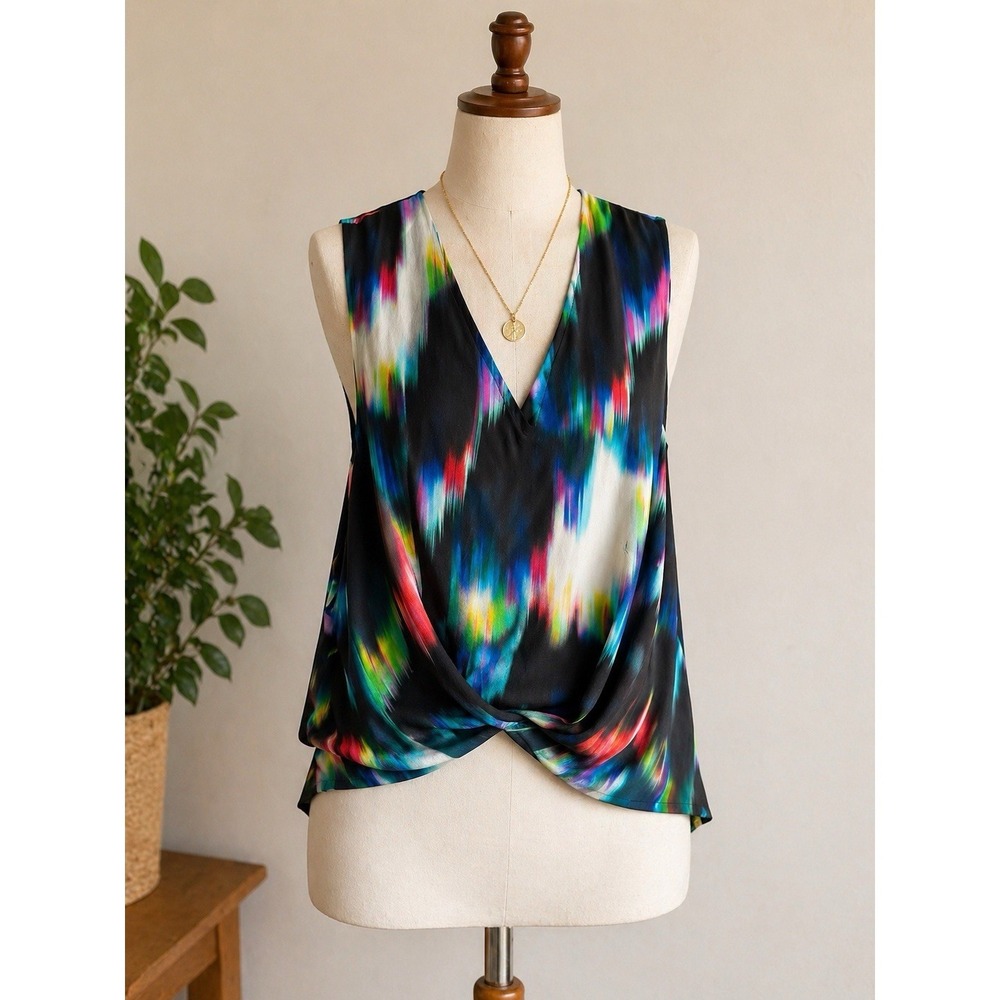 TRINA TURK Women's Medium BLOUSE Multicolor 100% Silk V Neck Abstract Sleeveless